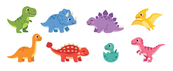 Obraz premium Set of colorful cute dinosaurs cartoon characters for children kids educational design Vector