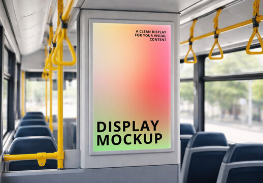 Bus Interior Display Mockup PSD With Colorful Ad Panel And Empty Seats