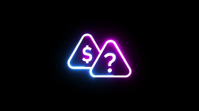 Neon dollar sign and question mark in triangles, motion graphics on black background
