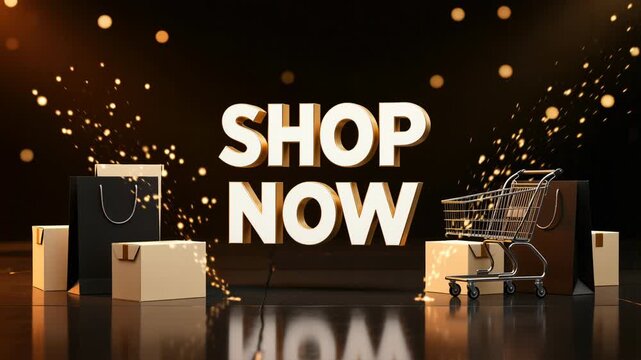Shop Now Ecommerce Promotion With Cart Packages and Luxury Background