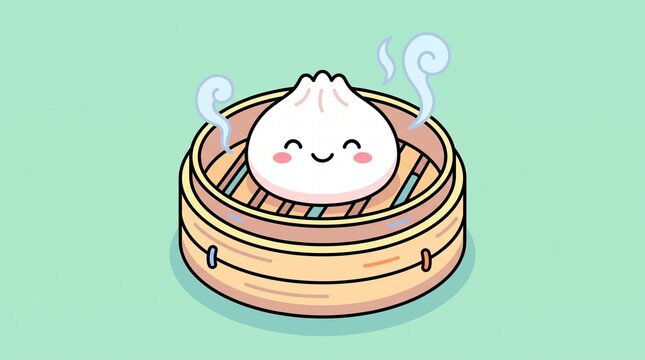 Cute steamed dumpling bun with a smiling face in a traditional bamboo steamer basket