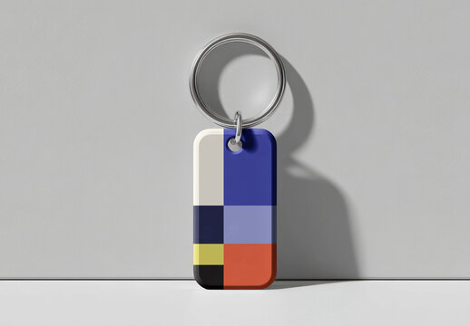 Colorful Keychain Mockup PSD With Geometric Design On Gray Background