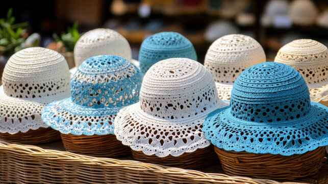 Handmade Crochet Hats Displayed in Baskets, Summer Fashion, Beach Accessories, Artisanal Craftsmanship