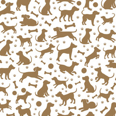 Obraz premium Dog silhouette seamless pattern, brown puppy silhouettes with paw prints and bones, pet animal vector background for wallpaper