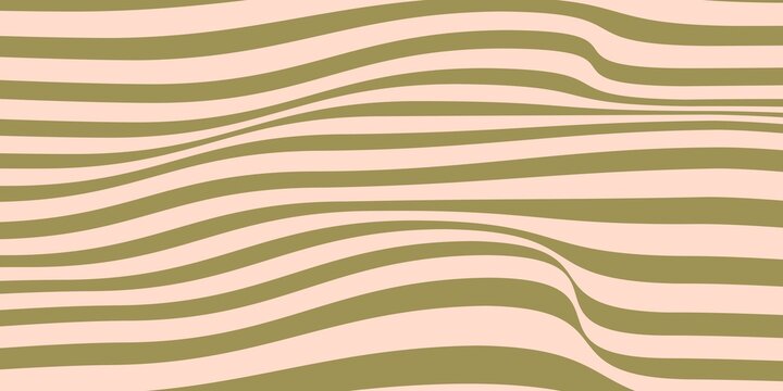 Abstract retro background with wavy lines pattern in olive green and blush pink. Groovy 70s psychedelic style geometric vector illustration for banner, cover, or print.