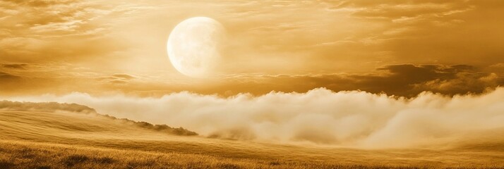 Naklejka premium Autumn Night Landscape With Full Moon Rising Above A Rolling Sea Of Dense White Fog Over The Field.