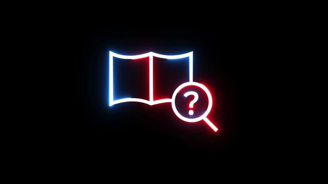 Neon book icon with magnifying glass animation glowing against dark background video loop