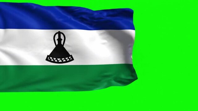 Lesotho Flag Waving Naturally on Green Screen, Basotho National Flag Chroma Key Background