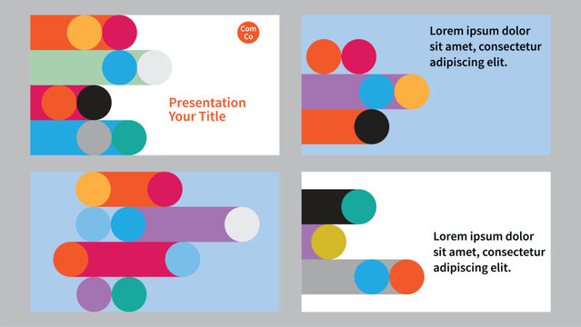 Geometric presentation template set. Four horizontal layouts combine overlapping circles, rounded bars, bright accent colors, text areas, and light blue or white backgrounds.