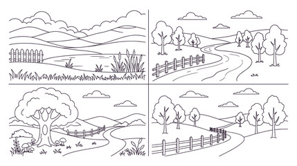 Fototapeta premium Four countryside landscape scenes linear drawings for coloring page.