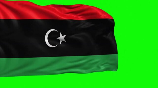 Libya Flag Waving Naturally on Green Screen, Libyan National Flag Chroma Key Background