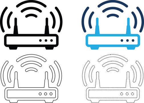 Wireless router hardware icon set with signal waves for internet connectivity design.