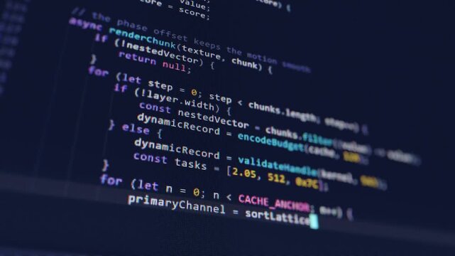 Close up macro shot of a computer screen with typing highlighted JavaScript source code. Blinking cursor on a dark blue software development interface with visible pixels and shallow depth of field