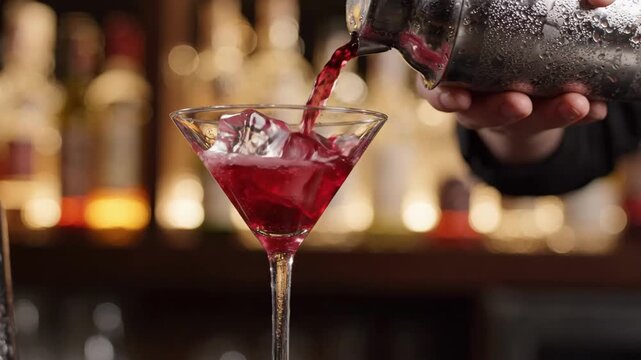 Making a cocktail with ice and pouring a red drink into a glass