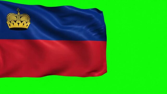 Liechtenstein Flag Waving Naturally on Green Screen, Liechtenstein National Flag Chroma Key Background