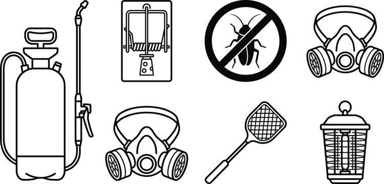 Pest Control and Extermination Service Icon Set Featuring Chemical Sprayer Mousetrap Cockroach Prohibited Sign Respirator Mask Swatter and Electric Zapper Line Art Vectors