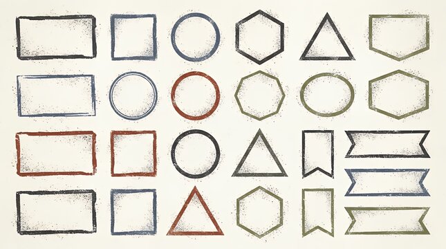 Assorted Distressed Geometrical Figures Featuring Speckled Sprays and Ragged Edges Intended for Text Callouts and Custom Label Borders shapes geometric grunge halftone circle rectangle square