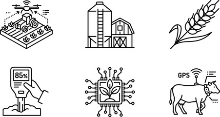Fototapeta premium Smart Agriculture and Agritech Line Icon Set with Drone Farming, Barn Silo, Soil Testing, and GPS Cattle Tracking for Innovative Agriculture Innovations