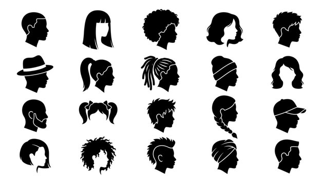 Collection of diverse human head profile icons featuring various hairstyles and accessories in a flat silhouette