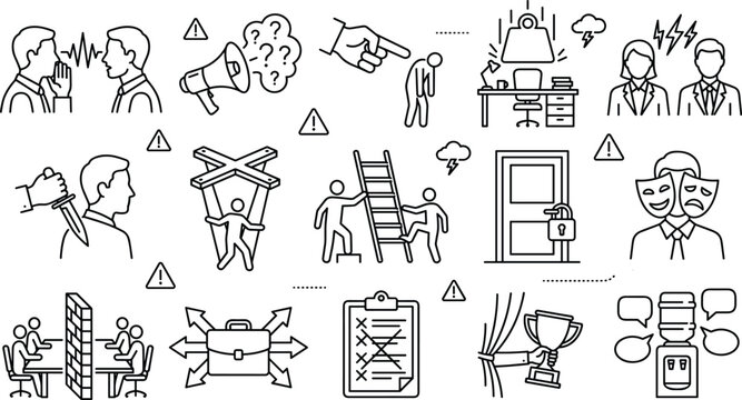Toxic Workplace and Negative Corporate Culture Icon Vector Set with Metaphors for Backstabbing, Control, Burnout, and Stressful Environment Concepts