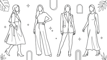 Fototapeta premium Women Fashion Apparel Icon Set Featuring Trench Coat Wide Leg Trousers Blazer Suit Elegant Dress and Boho Leaf Elements Line Art Vectors