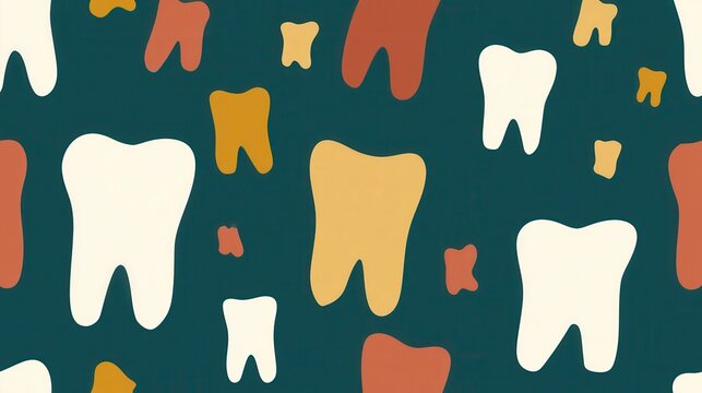 Seamless dental pattern featuring colorful tooth icons on dark turquoise surface