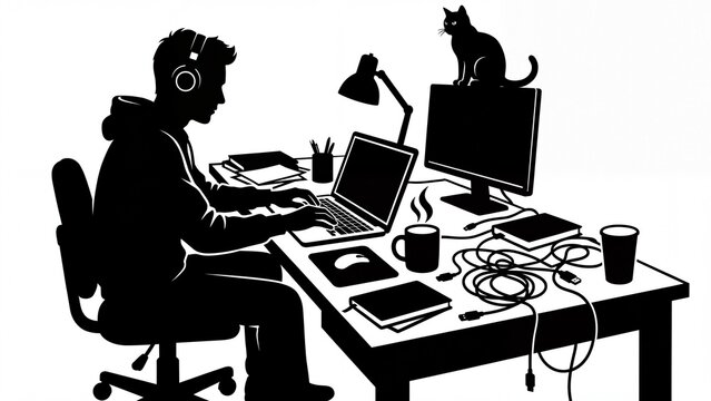 Silhouette of a young man working on a laptop at a messy desk with a cat ideal for themes of remote work coding and technology