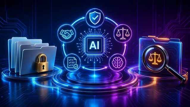 Comprehensive digital law ecosystem concept featuring an AI ethics workflow, secure locked archives, and legal document research on futuristic neon podiums