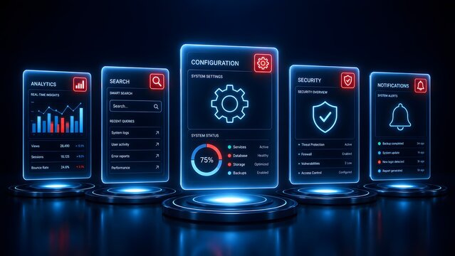 Holographic digital system dashboard interface displaying analytics, configuration settings, and security overview panels on glowing pedestals