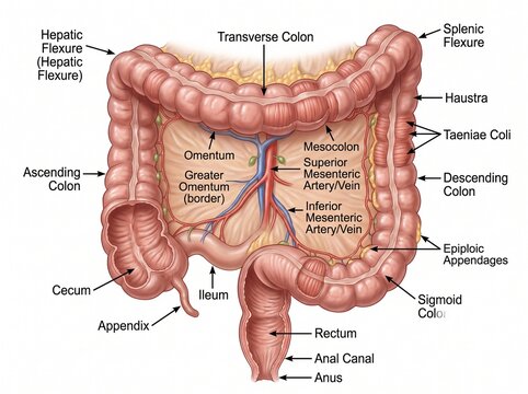 Medical image of the human large intestine (colon) showing the ascending colon, transverse colon, descending colon, sigmoid colon, and rectum.