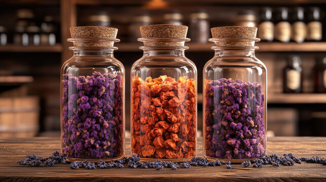 Three Vintage Glass Jars Filled with Dried Lavender and Rose Petals on a Wooden Table