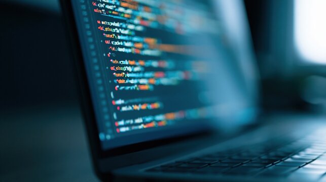 Close up of laptop screen displaying colorful programming code with shallow depth of field