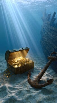 Sunken pirate chest filled with golden coins and old shipwreck underwater