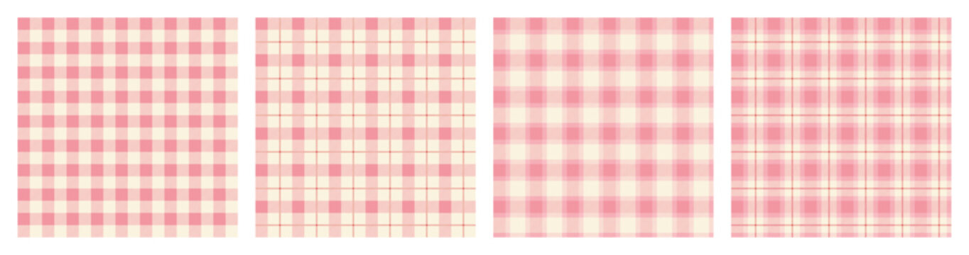 Vichy Background Set In Pink And White. Gingham Seamless Pattern. Tartan Plaid Wallpaper.