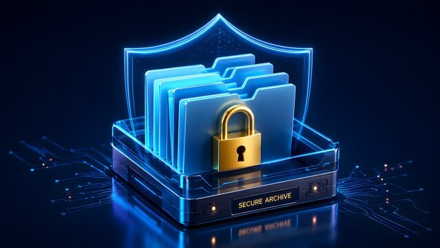 Secure digital archive concept showing stacked glowing blue folders protected by a golden padlock and a holographic shield on a high-tech data storage drive
