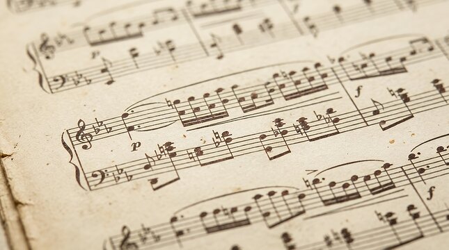Vintage Sheet Music Page with Detailed Musical Notation and Clefs Detailed macro view of classical musical notation on aged paper stock perfect for artistic compositions sound design banners
