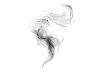Obraz premium Wispy black smoke swirl on white background, ethereal steam vapor trail, abstract gray cigarette smoke plume for design overlays