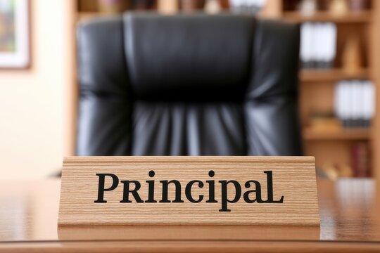 Wooden principal nameplate sits on a desk in front of a leather office chair