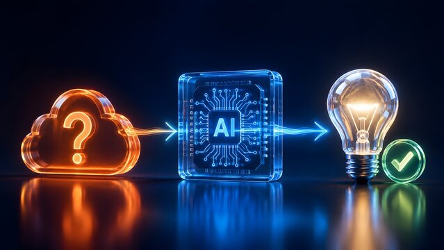 Transparent 3D render of a cognitive computing workflow showing a glowing question mark cloud flowing through a glass AI microchip to create a bright lightbulb idea and success mark