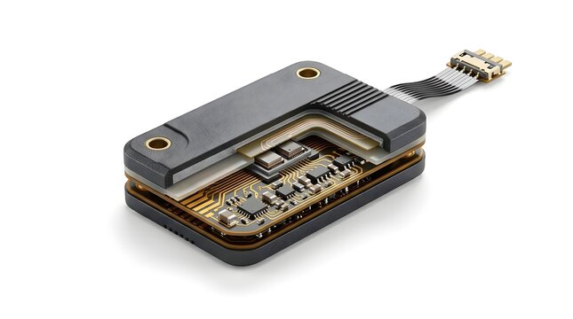 3D render of a compact flexible electronics sensor module with ribbon cable and exposed circuitry, isolated on white. Concept for wearables, IoT sensors, and embedded hardware design.