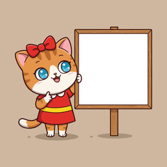 Cute cartoon cat wearing a red dress standing next to a blank wooden display board