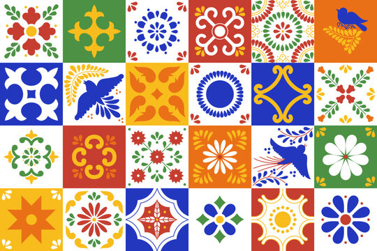 Seamless Colorful Mexican Talavera Ceramic Tile Pattern Inspired by Puebla, Mexico. Floral Vector Background.