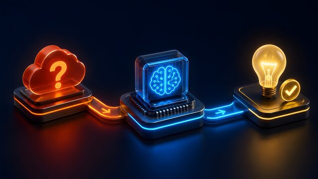 Isometric 3D concept of a glowing question mark cloud processing through a glass brain microchip block via digital pathways to create a lightbulb idea