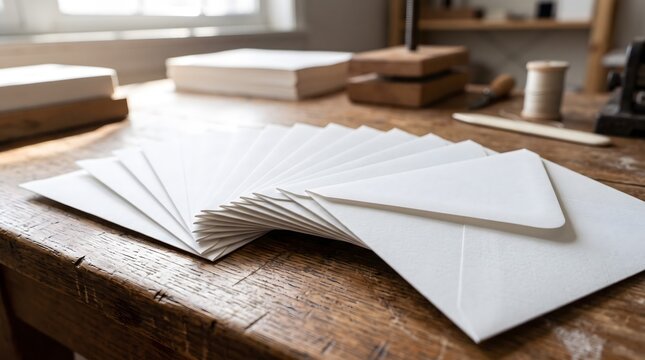 A collection of blank white envelopes fanned out on a wooden workbench in a print shop.