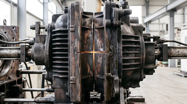 A heavy cast-iron mould closes in a glass manufacturing plant with a faint orange glow from the seam.