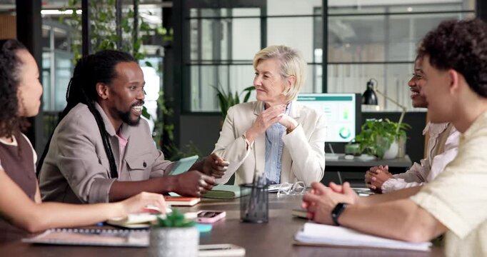 Boardroom, presentation and team with smile, talk and meeting with colleagues or performance review. Happy, business people and planning for financial report, discussion and data analysis on website