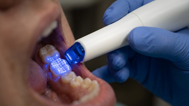 Dentist using an intraoral scanner to capture a digital 3D model of a lower molar for a crown restoration.