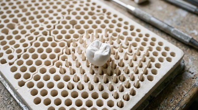 Ceramic dental crown resting on a honeycomb firing tray with refractory pins in a dental laboratory.