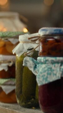 A wooden shelf in a dimly lit basement holds rows of jars with preserved vegetables and other food items, reflecting a careful canning process for future storage and agricultural food preservation