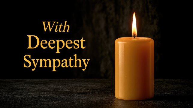 condolence card with burning candle and text with deepest sympathy